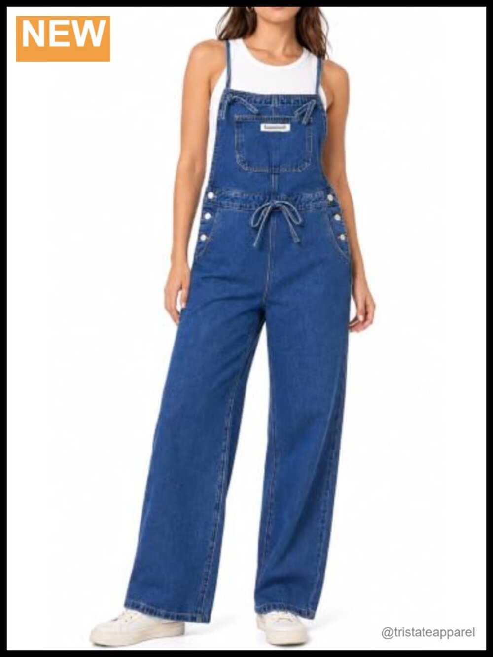 Wide Leg Denim Overalls Side Buttons Pockets Faux Tie Women's
